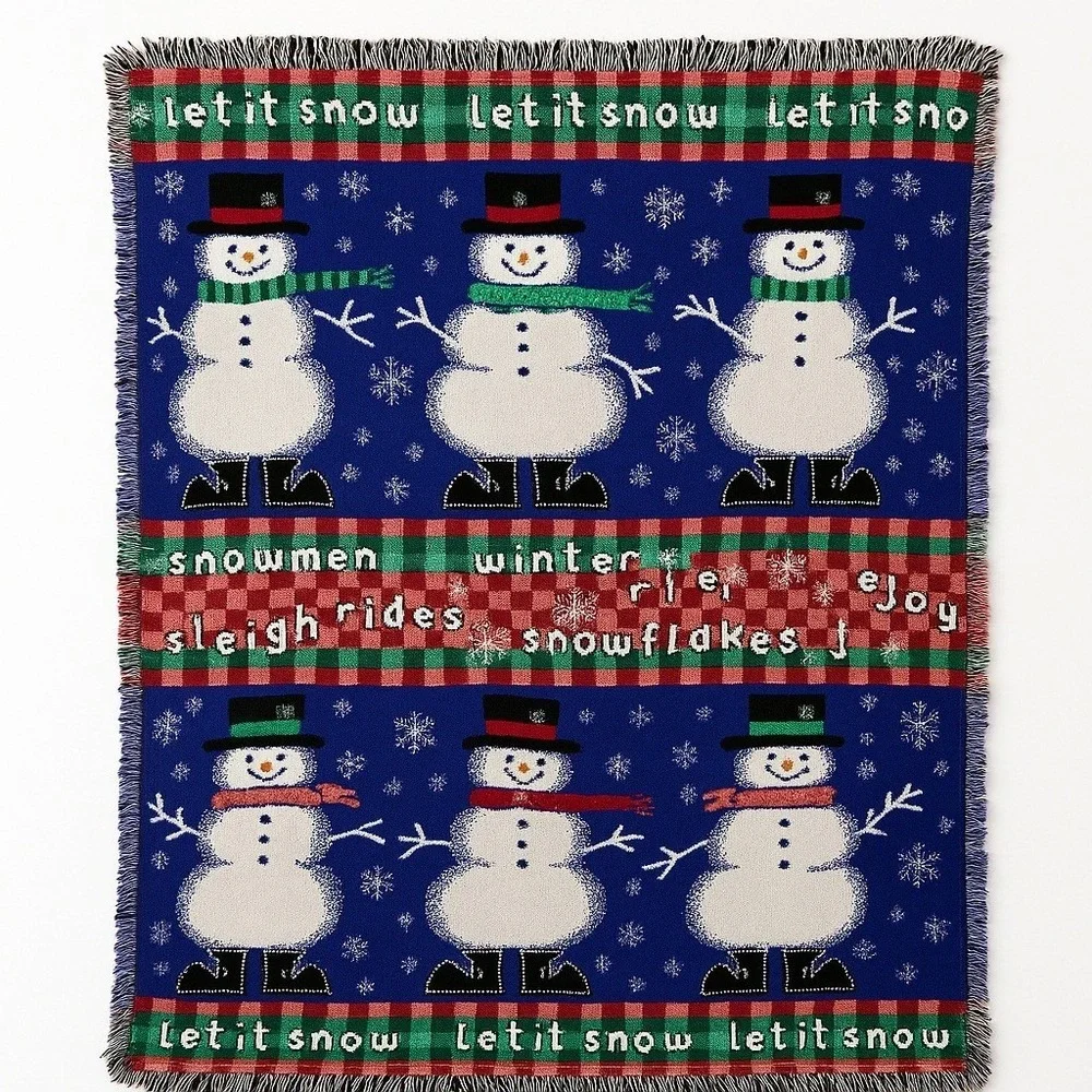 Let It Snow Snowman‎ Throw Blanket Winter Plaid Fringe 48x50 Christmas Décor